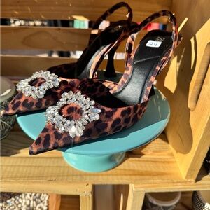 Zara Brown Leopard Heels with Crystal Detail